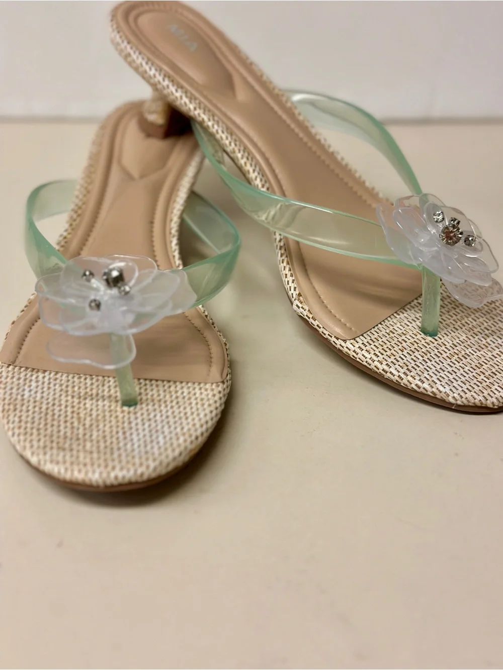 MIA Translucent Mint Floral Thong Sandals with Kitten Heels,Clear Flower Accents